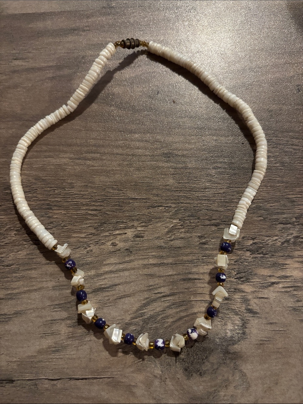 Handcrafted White Shell and Blue Bead Necklace - Picture 1 of 3